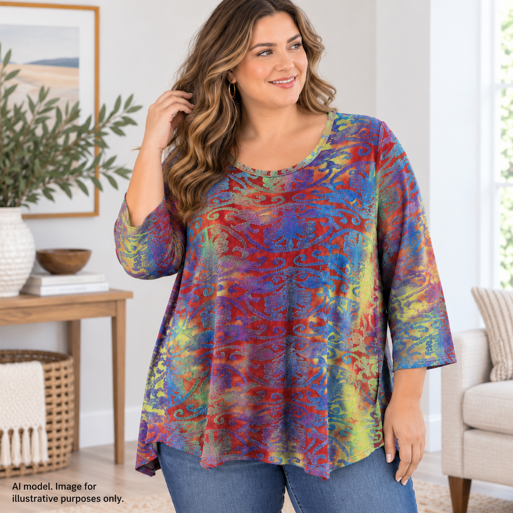 Calessa Shirt Womens 1X Multicolor Burnout Velvet Stretch Boho Art Top Blouse